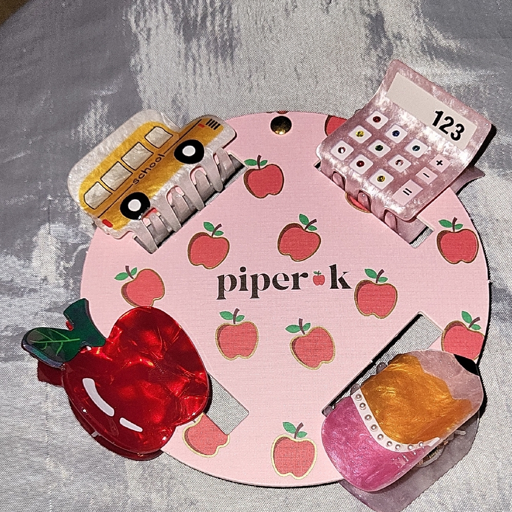 Piper K School Themed Hair Clip Set  Brand New Lp M Apple School Bus Calculator